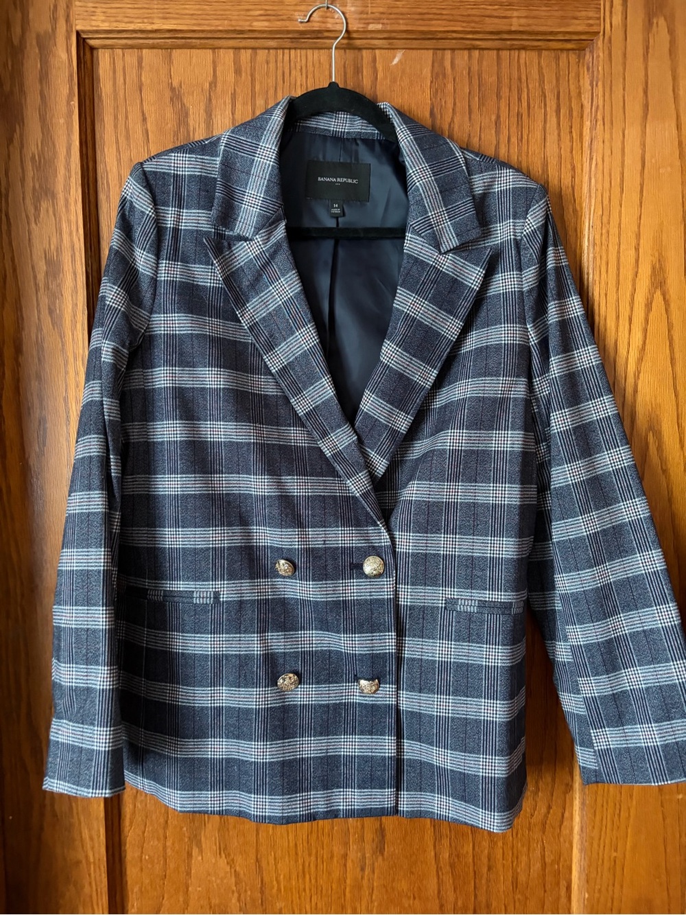 Banana Republic Navy and Light Blue Plaid Double-Breasted Blazer